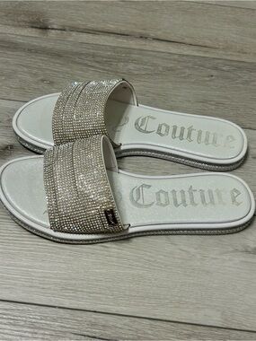 Juicy Couture Crystal Embellished Slide Sandals in Champagne